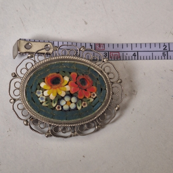 Vintage Oval Micro Mosaic Silver Tone Floral Brooch Pin Multicolor 1 1/4" - Picture 4 of 4